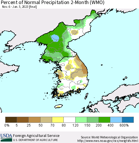 Korea Percent of Normal Precipitation 2-Month (WMO) Thematic Map For 11/6/2022 - 1/5/2023