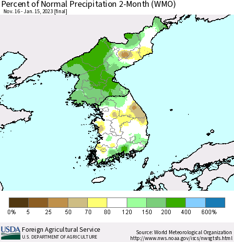 Korea Percent of Normal Precipitation 2-Month (WMO) Thematic Map For 11/16/2022 - 1/15/2023