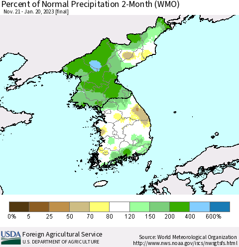 Korea Percent of Normal Precipitation 2-Month (WMO) Thematic Map For 11/21/2022 - 1/20/2023