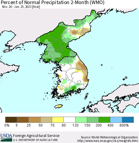 Korea Percent of Normal Precipitation 2-Month (WMO) Thematic Map For 11/26/2022 - 1/25/2023
