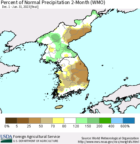 Korea Percent of Normal Precipitation 2-Month (WMO) Thematic Map For 12/1/2022 - 1/31/2023