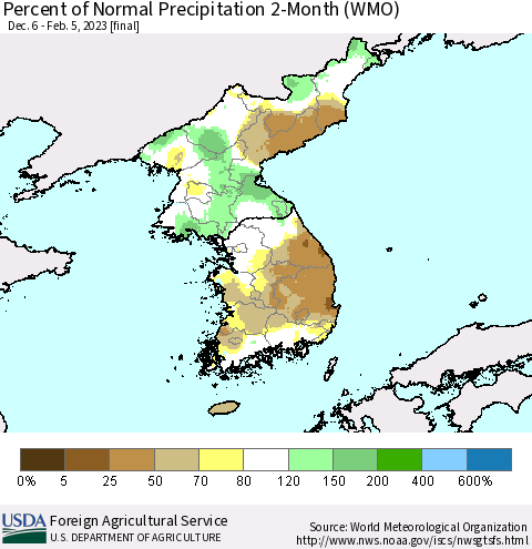 Korea Percent of Normal Precipitation 2-Month (WMO) Thematic Map For 12/6/2022 - 2/5/2023