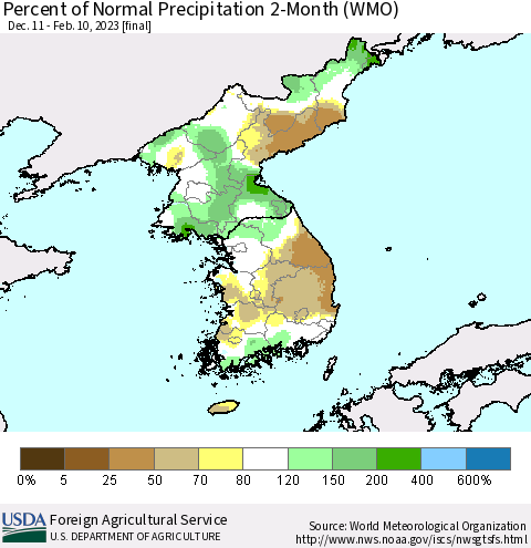 Korea Percent of Normal Precipitation 2-Month (WMO) Thematic Map For 12/11/2022 - 2/10/2023