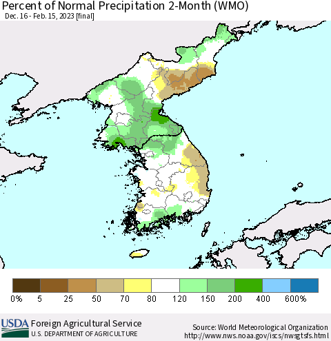 Korea Percent of Normal Precipitation 2-Month (WMO) Thematic Map For 12/16/2022 - 2/15/2023