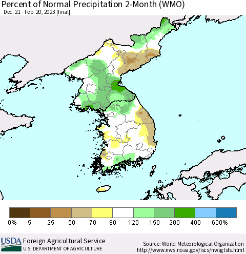 Korea Percent of Normal Precipitation 2-Month (WMO) Thematic Map For 12/21/2022 - 2/20/2023