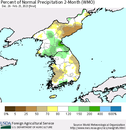 Korea Percent of Normal Precipitation 2-Month (WMO) Thematic Map For 12/26/2022 - 2/25/2023