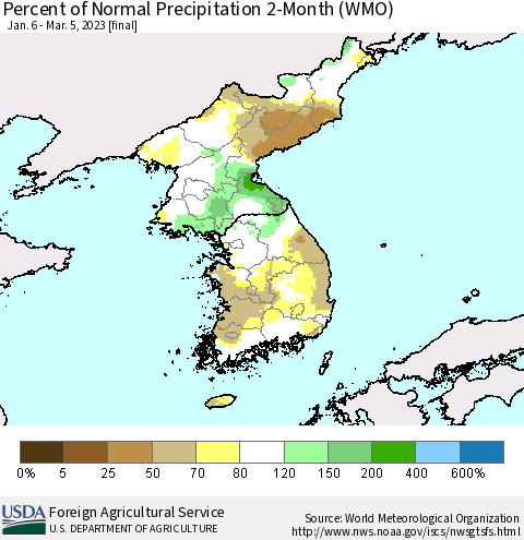 Korea Percent of Normal Precipitation 2-Month (WMO) Thematic Map For 1/6/2023 - 3/5/2023