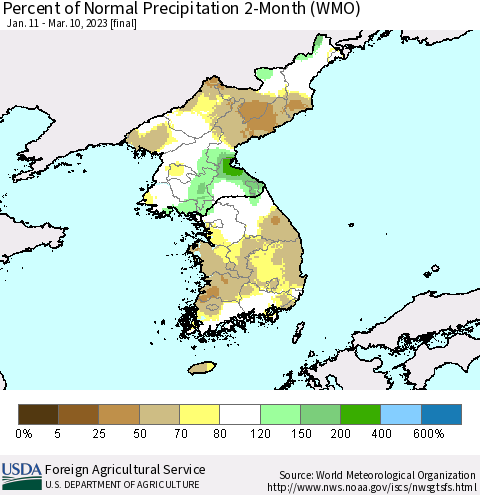Korea Percent of Normal Precipitation 2-Month (WMO) Thematic Map For 1/11/2023 - 3/10/2023