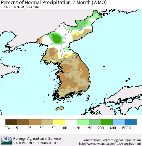 Korea Percent of Normal Precipitation 2-Month (WMO) Thematic Map For 1/21/2023 - 3/20/2023