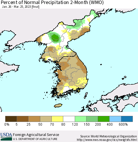 Korea Percent of Normal Precipitation 2-Month (WMO) Thematic Map For 1/26/2023 - 3/25/2023