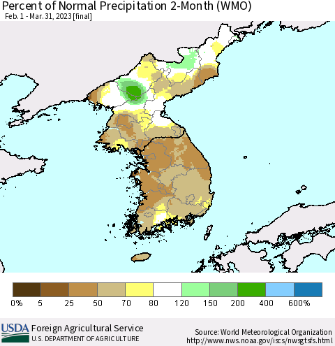 Korea Percent of Normal Precipitation 2-Month (WMO) Thematic Map For 2/1/2023 - 3/31/2023