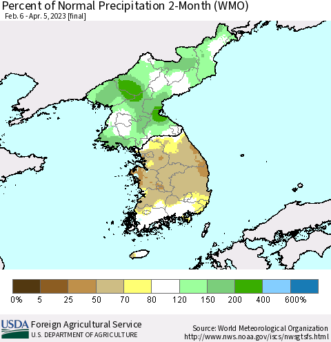 Korea Percent of Normal Precipitation 2-Month (WMO) Thematic Map For 2/6/2023 - 4/5/2023
