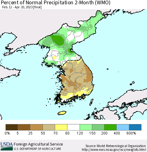 Korea Percent of Normal Precipitation 2-Month (WMO) Thematic Map For 2/11/2023 - 4/10/2023