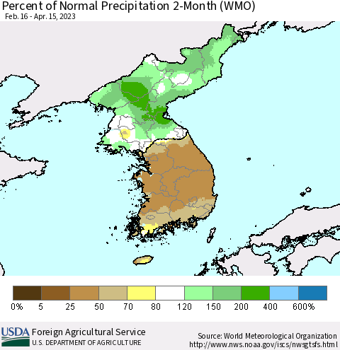 Korea Percent of Normal Precipitation 2-Month (WMO) Thematic Map For 2/16/2023 - 4/15/2023