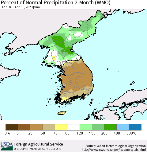 Korea Percent of Normal Precipitation 2-Month (WMO) Thematic Map For 2/16/2023 - 4/15/2023