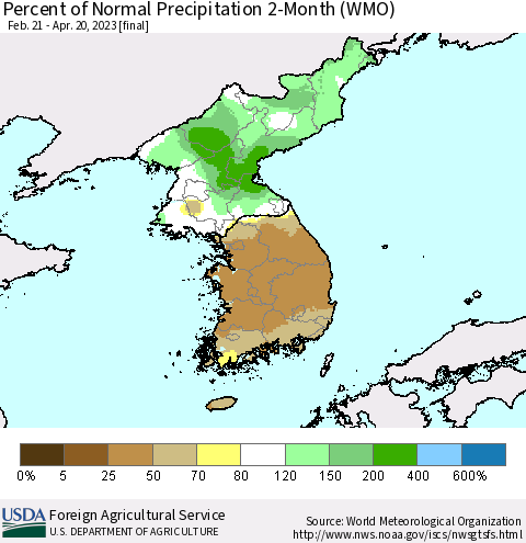 Korea Percent of Normal Precipitation 2-Month (WMO) Thematic Map For 2/21/2023 - 4/20/2023