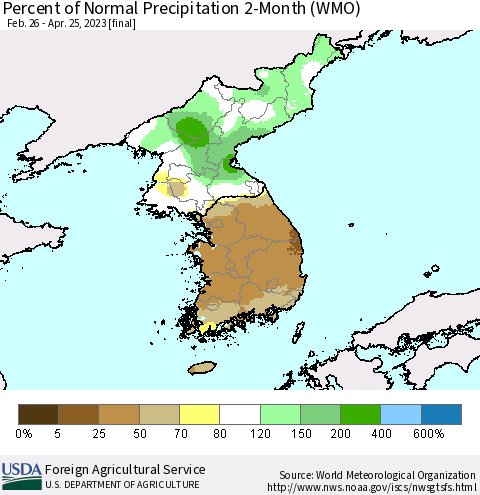 Korea Percent of Normal Precipitation 2-Month (WMO) Thematic Map For 2/26/2023 - 4/25/2023