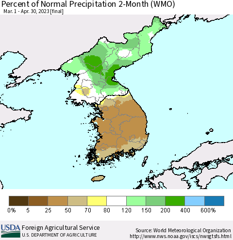 Korea Percent of Normal Precipitation 2-Month (WMO) Thematic Map For 3/1/2023 - 4/30/2023