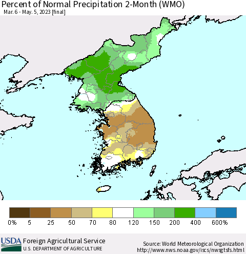 Korea Percent of Normal Precipitation 2-Month (WMO) Thematic Map For 3/6/2023 - 5/5/2023