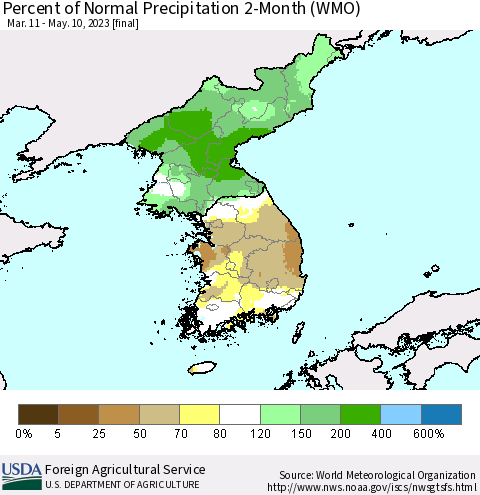 Korea Percent of Normal Precipitation 2-Month (WMO) Thematic Map For 3/11/2023 - 5/10/2023