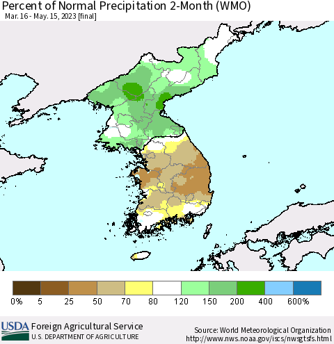 Korea Percent of Normal Precipitation 2-Month (WMO) Thematic Map For 3/16/2023 - 5/15/2023