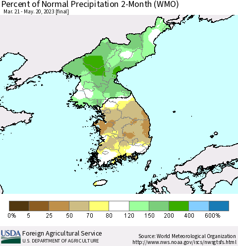 Korea Percent of Normal Precipitation 2-Month (WMO) Thematic Map For 3/21/2023 - 5/20/2023