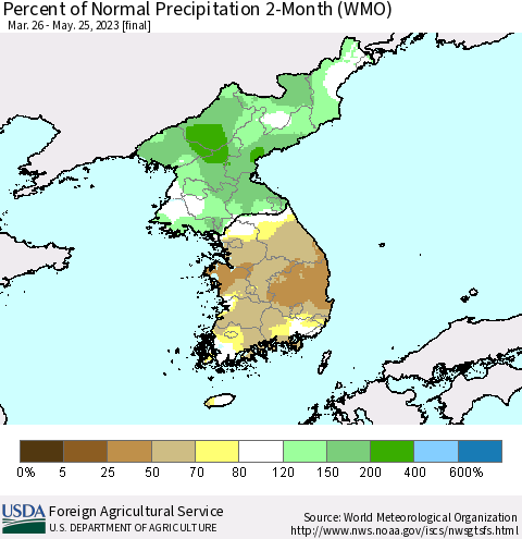 Korea Percent of Normal Precipitation 2-Month (WMO) Thematic Map For 3/26/2023 - 5/25/2023