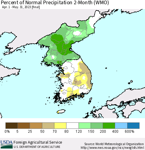 Korea Percent of Normal Precipitation 2-Month (WMO) Thematic Map For 4/1/2023 - 5/31/2023