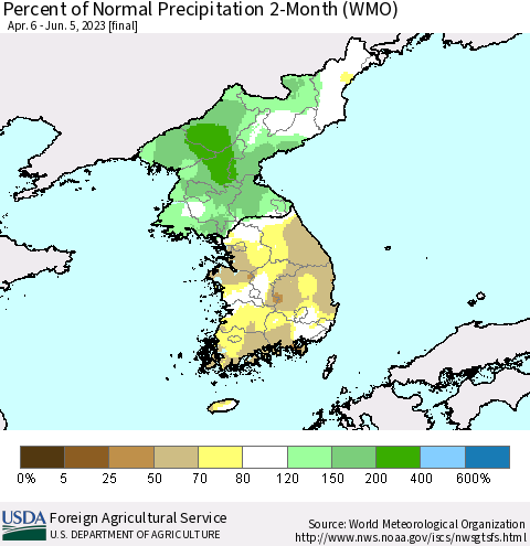 Korea Percent of Normal Precipitation 2-Month (WMO) Thematic Map For 4/6/2023 - 6/5/2023