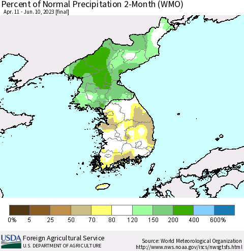 Korea Percent of Normal Precipitation 2-Month (WMO) Thematic Map For 4/11/2023 - 6/10/2023