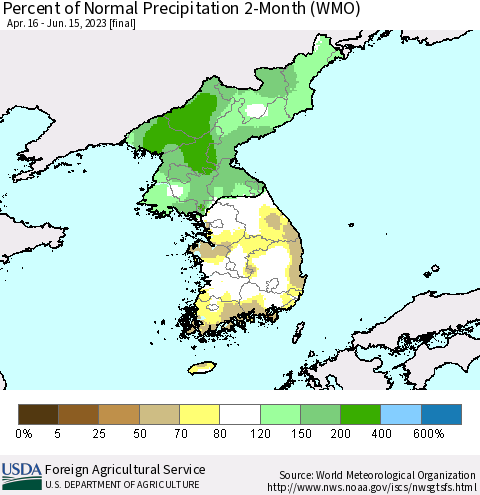 Korea Percent of Normal Precipitation 2-Month (WMO) Thematic Map For 4/16/2023 - 6/15/2023
