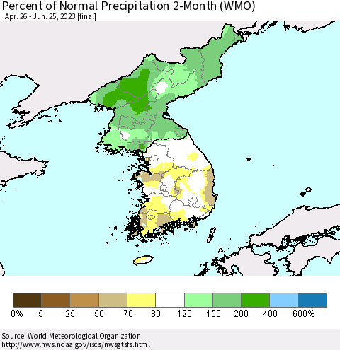Korea Percent of Normal Precipitation 2-Month (WMO) Thematic Map For 4/26/2023 - 6/25/2023