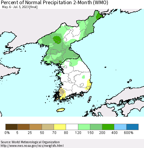 Korea Percent of Normal Precipitation 2-Month (WMO) Thematic Map For 5/6/2023 - 7/5/2023