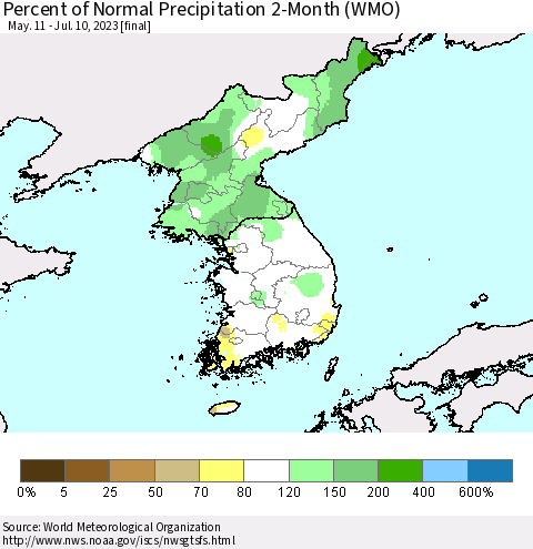 Korea Percent of Normal Precipitation 2-Month (WMO) Thematic Map For 5/11/2023 - 7/10/2023