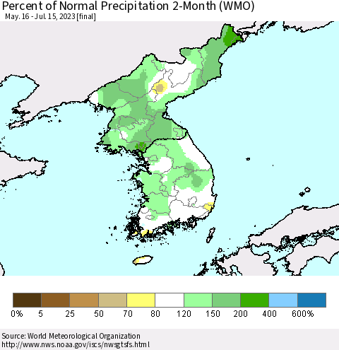 Korea Percent of Normal Precipitation 2-Month (WMO) Thematic Map For 5/16/2023 - 7/15/2023