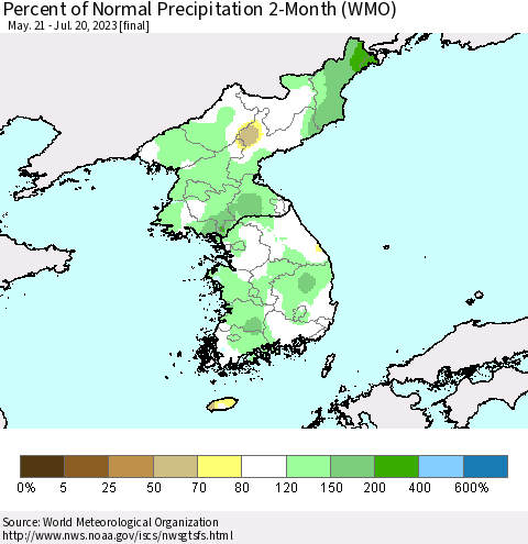 Korea Percent of Normal Precipitation 2-Month (WMO) Thematic Map For 5/21/2023 - 7/20/2023