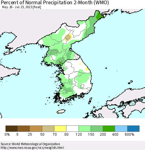Korea Percent of Normal Precipitation 2-Month (WMO) Thematic Map For 5/26/2023 - 7/25/2023