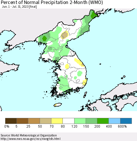 Korea Percent of Normal Precipitation 2-Month (WMO) Thematic Map For 6/1/2023 - 7/31/2023