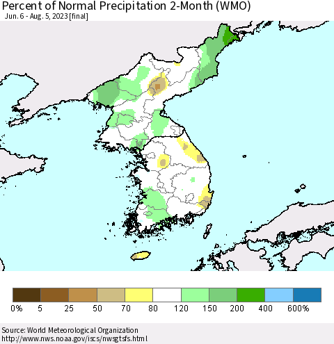 Korea Percent of Normal Precipitation 2-Month (WMO) Thematic Map For 6/6/2023 - 8/5/2023