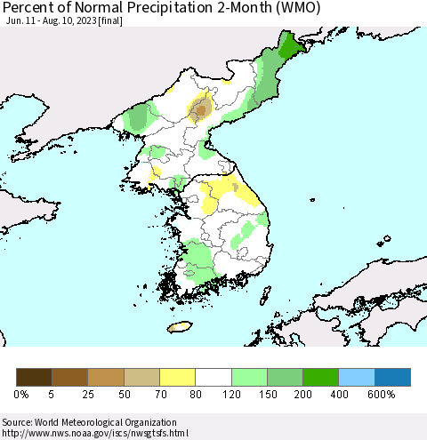 Korea Percent of Normal Precipitation 2-Month (WMO) Thematic Map For 6/11/2023 - 8/10/2023