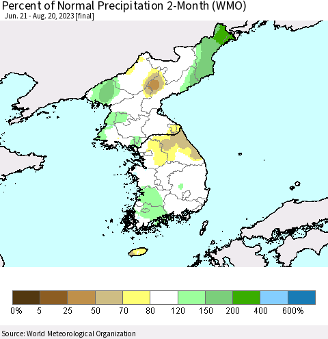 Korea Percent of Normal Precipitation 2-Month (WMO) Thematic Map For 6/21/2023 - 8/20/2023