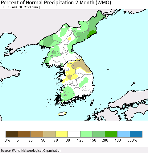Korea Percent of Normal Precipitation 2-Month (WMO) Thematic Map For 7/1/2023 - 8/31/2023