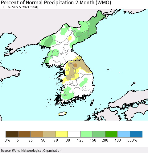 Korea Percent of Normal Precipitation 2-Month (WMO) Thematic Map For 7/6/2023 - 9/5/2023
