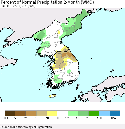 Korea Percent of Normal Precipitation 2-Month (WMO) Thematic Map For 7/11/2023 - 9/10/2023