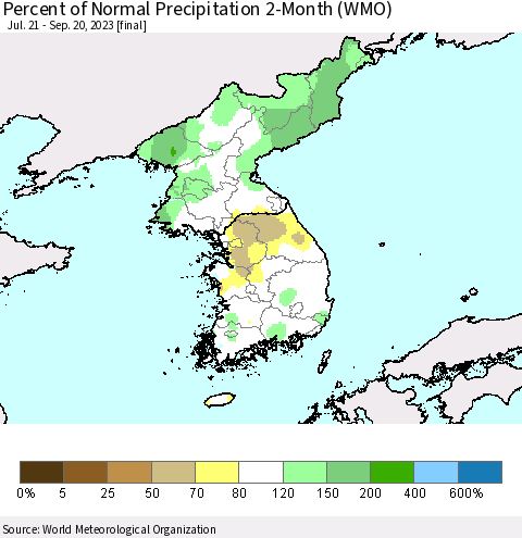 Korea Percent of Normal Precipitation 2-Month (WMO) Thematic Map For 7/21/2023 - 9/20/2023