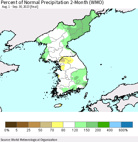 Korea Percent of Normal Precipitation 2-Month (WMO) Thematic Map For 8/1/2023 - 9/30/2023