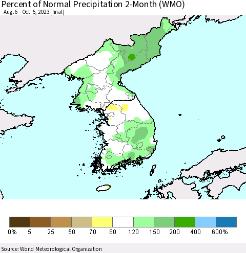 Korea Percent of Normal Precipitation 2-Month (WMO) Thematic Map For 8/6/2023 - 10/5/2023