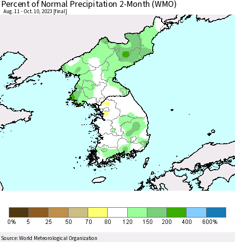 Korea Percent of Normal Precipitation 2-Month (WMO) Thematic Map For 8/11/2023 - 10/10/2023