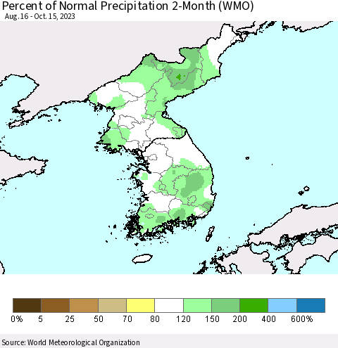Korea Percent of Normal Precipitation 2-Month (WMO) Thematic Map For 8/16/2023 - 10/15/2023