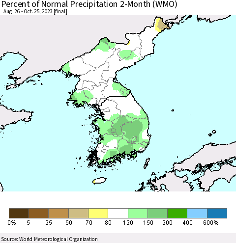 Korea Percent of Normal Precipitation 2-Month (WMO) Thematic Map For 8/26/2023 - 10/25/2023